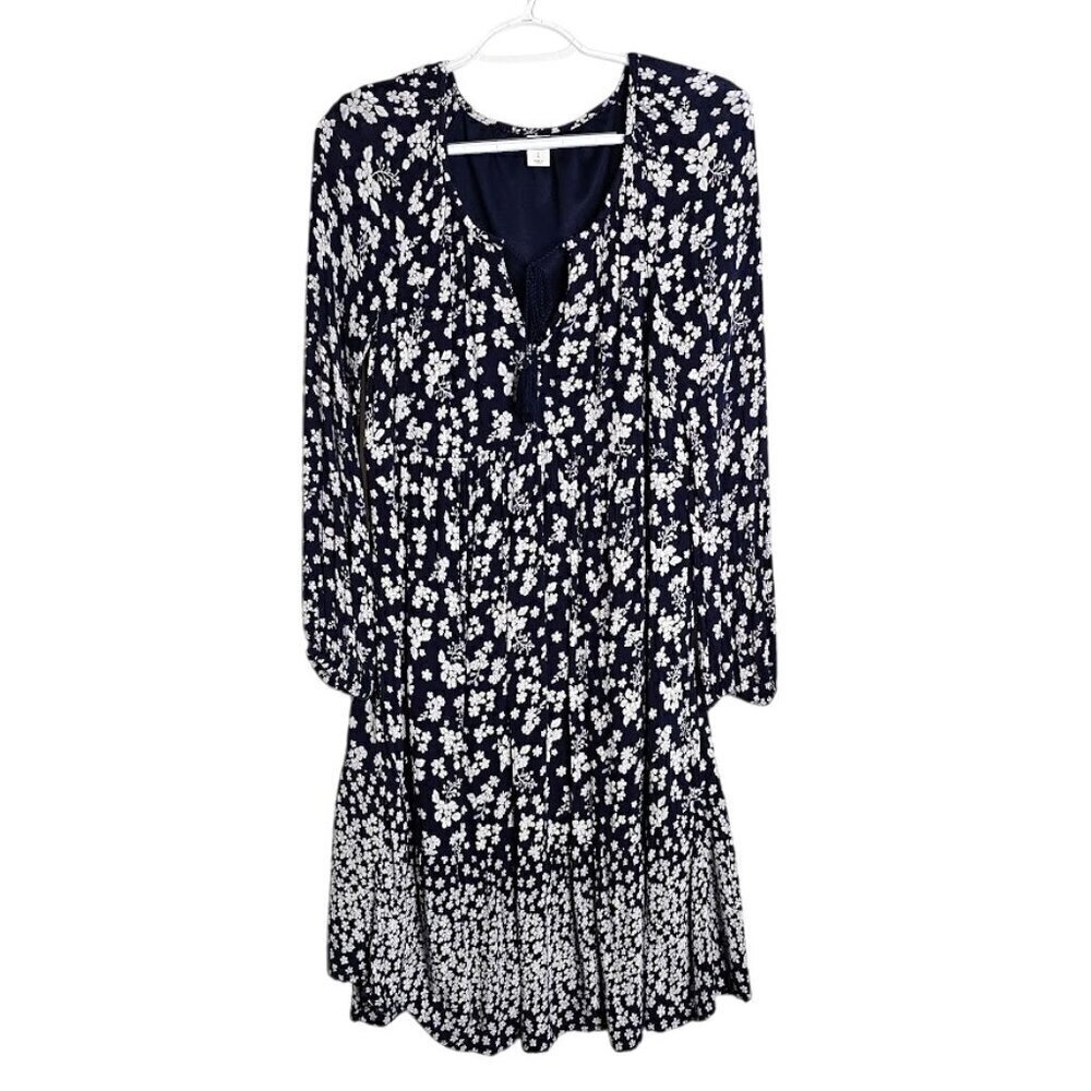 OLD NAVY Long Sleeve Dress size S NAVY BLUE & WHITE Floral Boho Peasant Casual